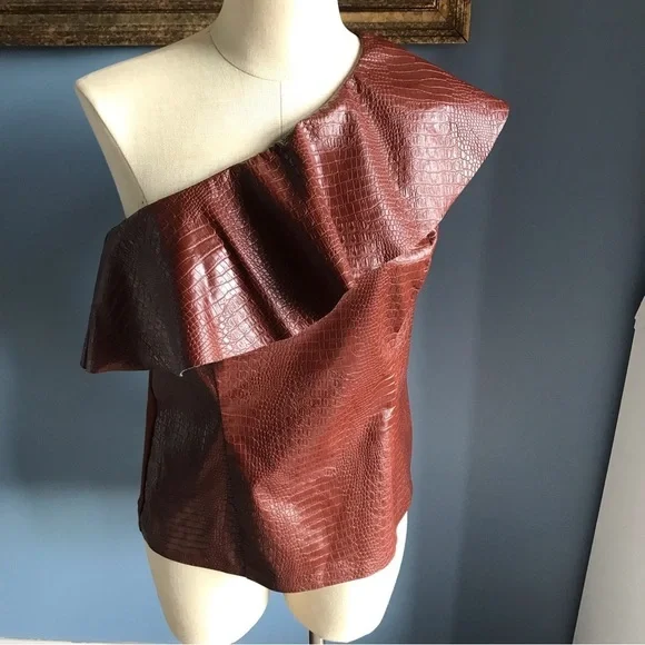 INC International Concepts brown faux croc embossed leather one shoulder top M - Picture 2 of 10